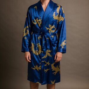 Men's Kimono Blue Robe Gold Dragon Print